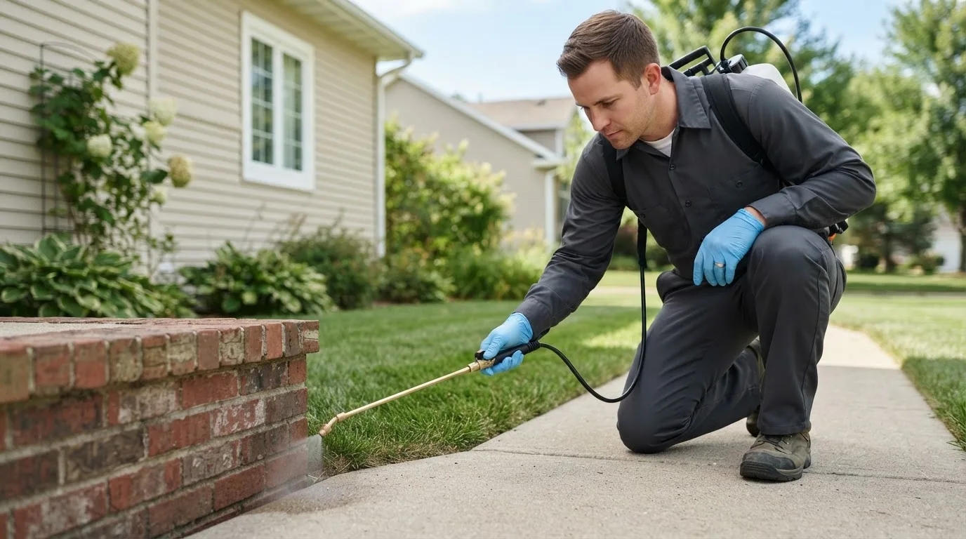 Pest control technician treating a home near Brackenridge, PA